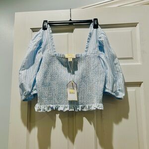 Elegant Blue and White Ruffled Blouse